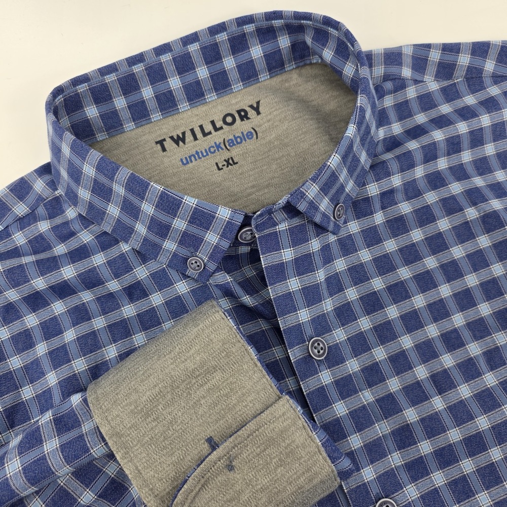Twillory‎ Button Down Shirt Mens L-XL  Blue Plaid Untuckable Stretch Flip Cuff